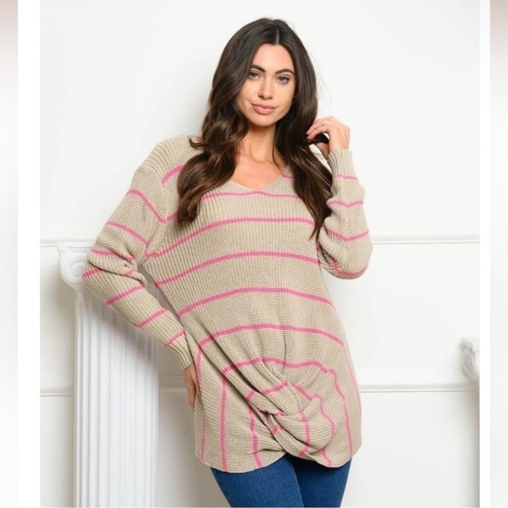 Oversized Striped Waffle Front Knot Sweater